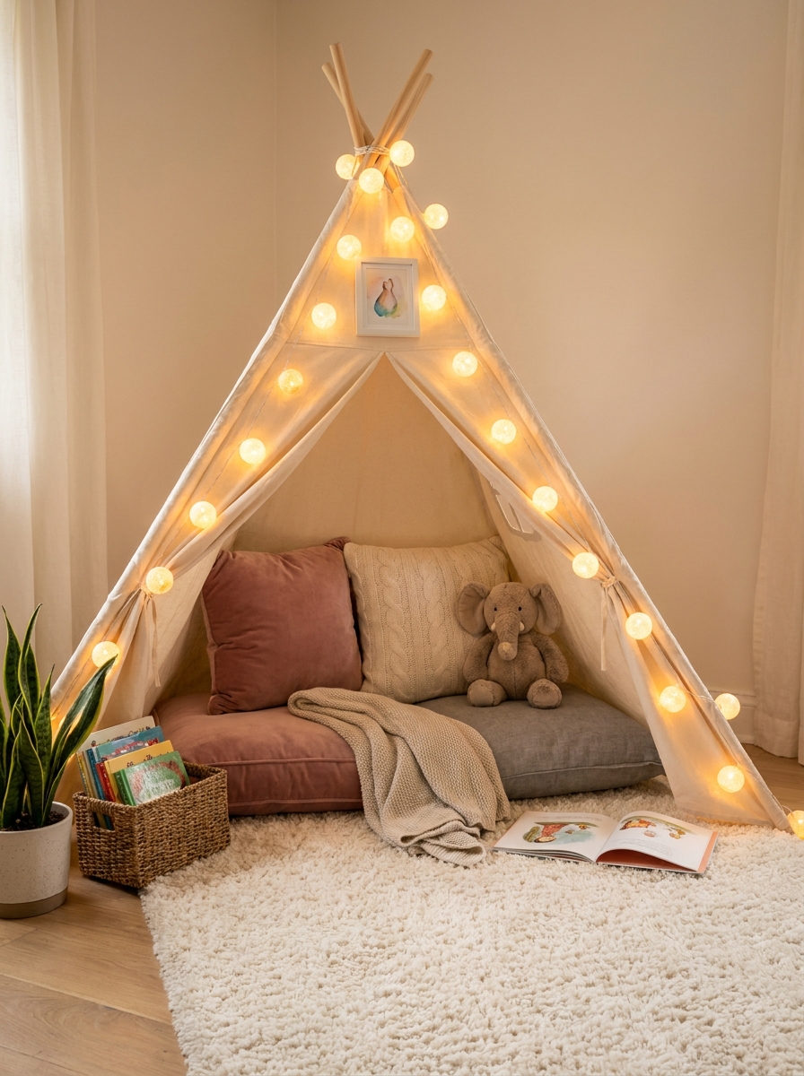 Reading Nook with Floor Cushions and String Lights
