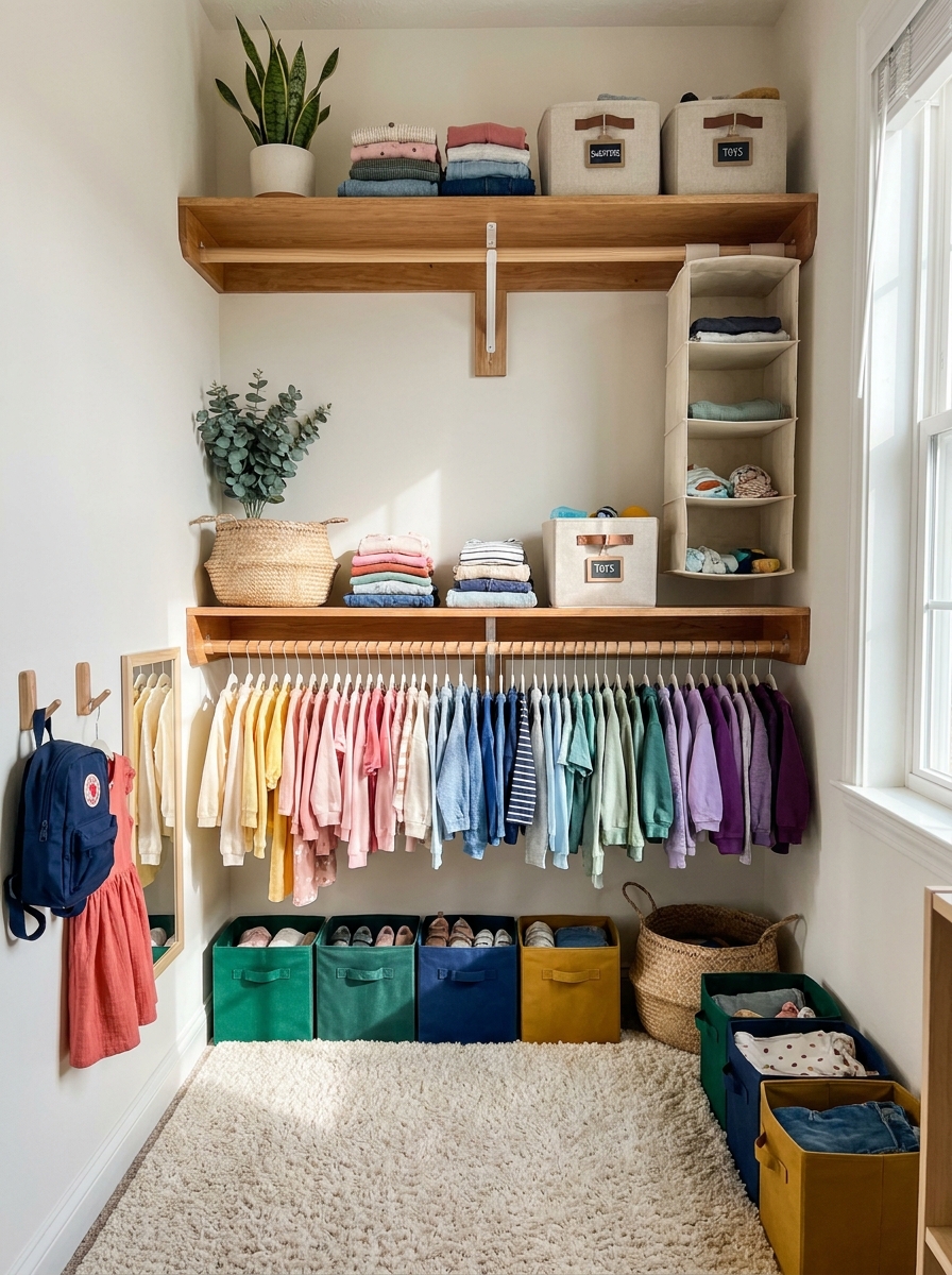 Color-Coded Closet with Low Hanging Rods