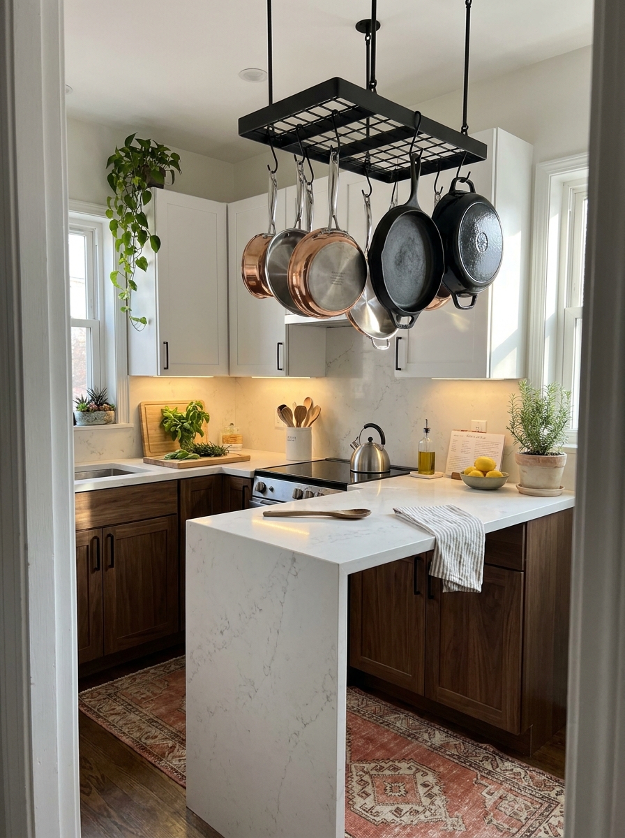 Ceiling-Mounted Pot Rack Above the Island