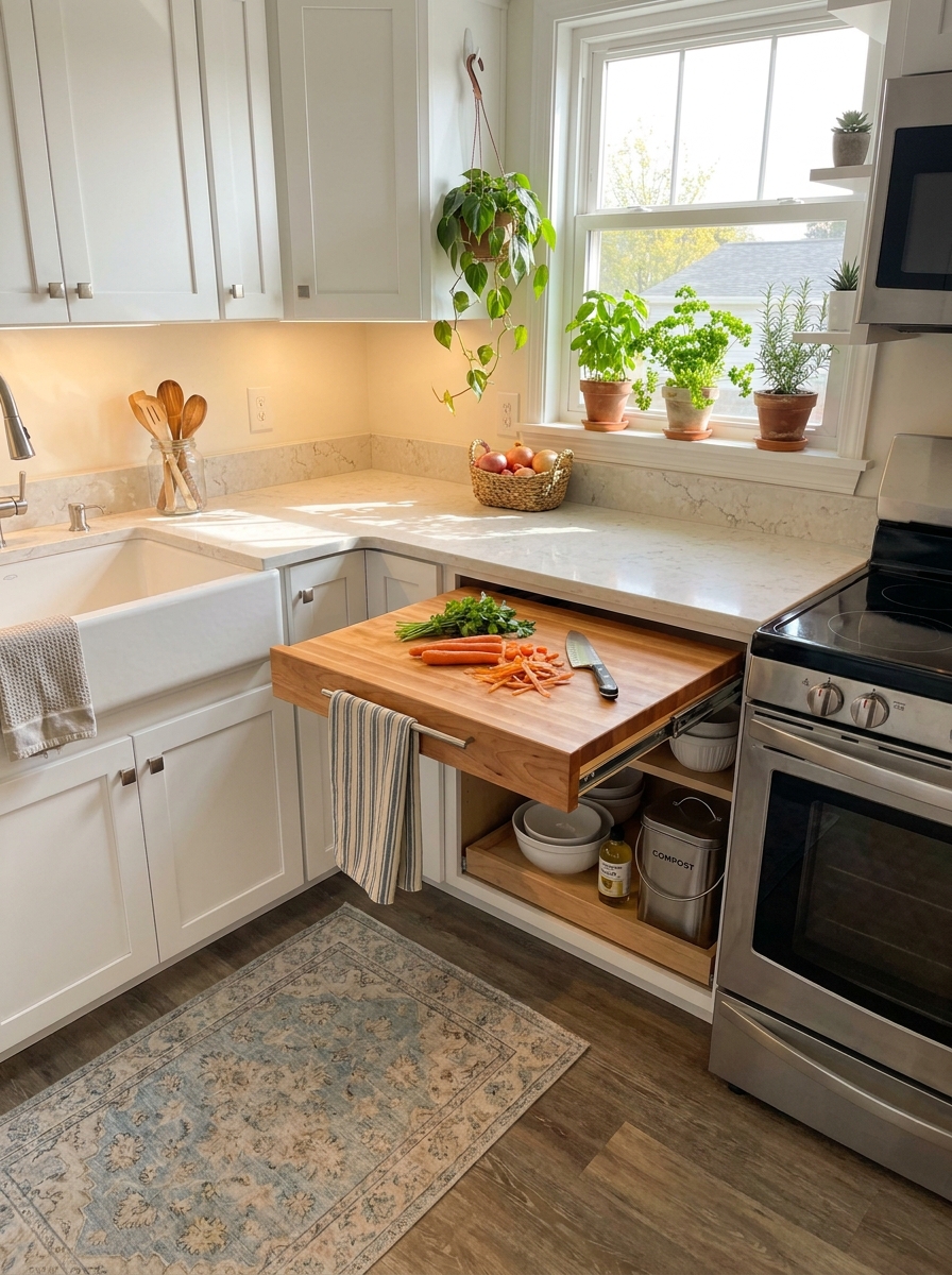 Slide-Out Cutting Board Built Into Cabinets
