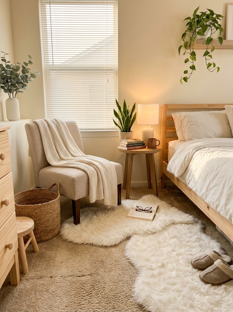 Faux Sheepskin Rugs That Soften Ugly Bedroom Carpet
