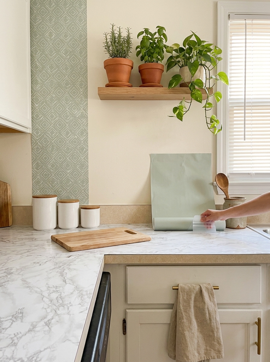 Removable Wallpaper on Countertop Backsplashes for Vertical Drama