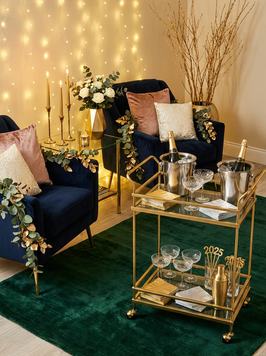 Velvet Lounge Area with Gold Bar Cart Styling