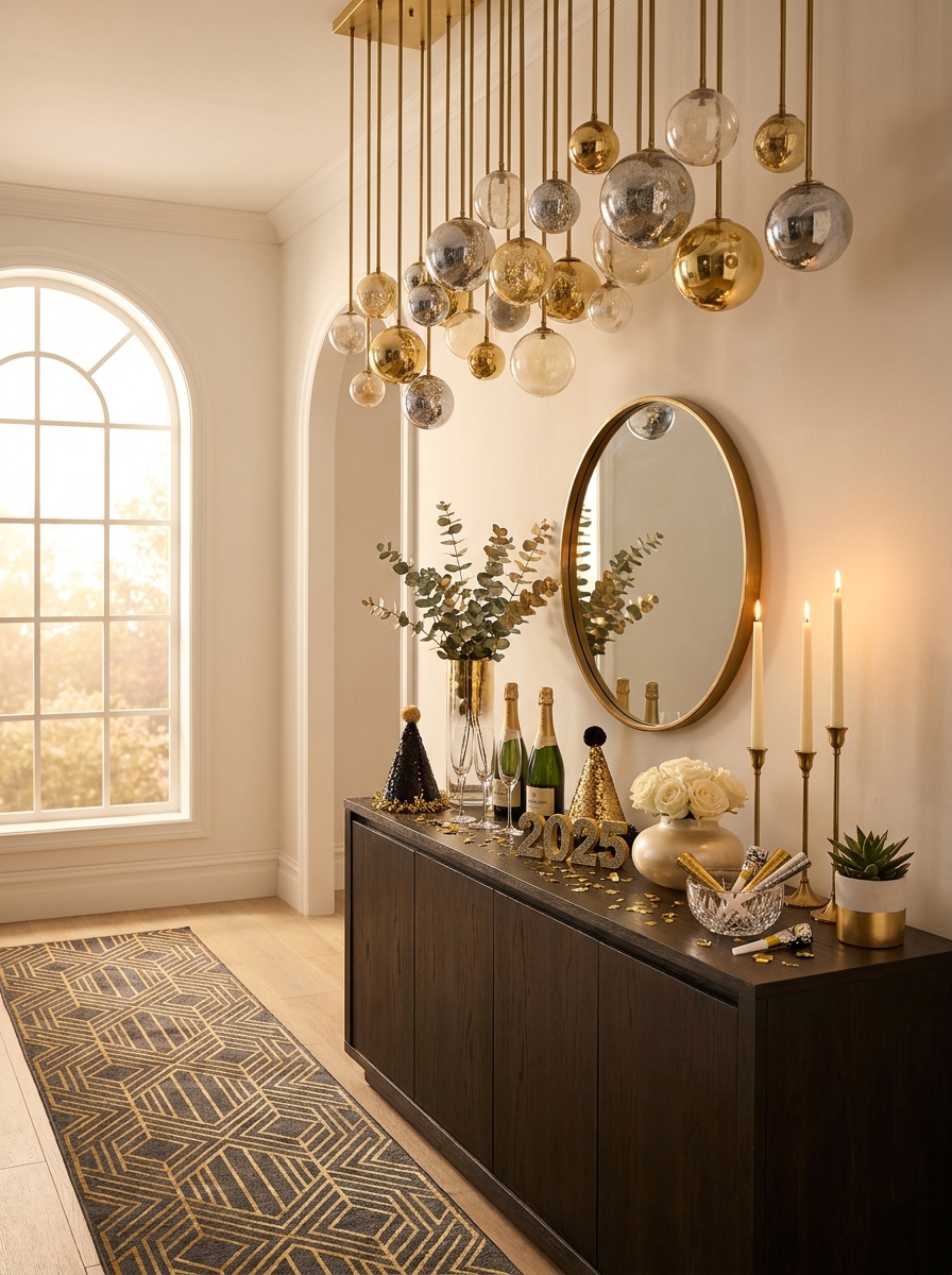 Dramatic Entryway with Hanging Ornament Installation
