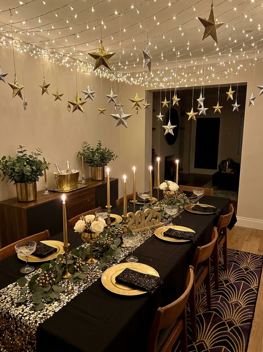 Overhead String Light Canopy with Hanging Stars