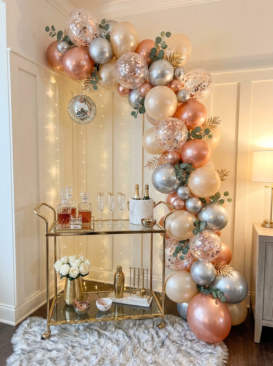 Metallic Balloon Arch Over Your Bar Cart