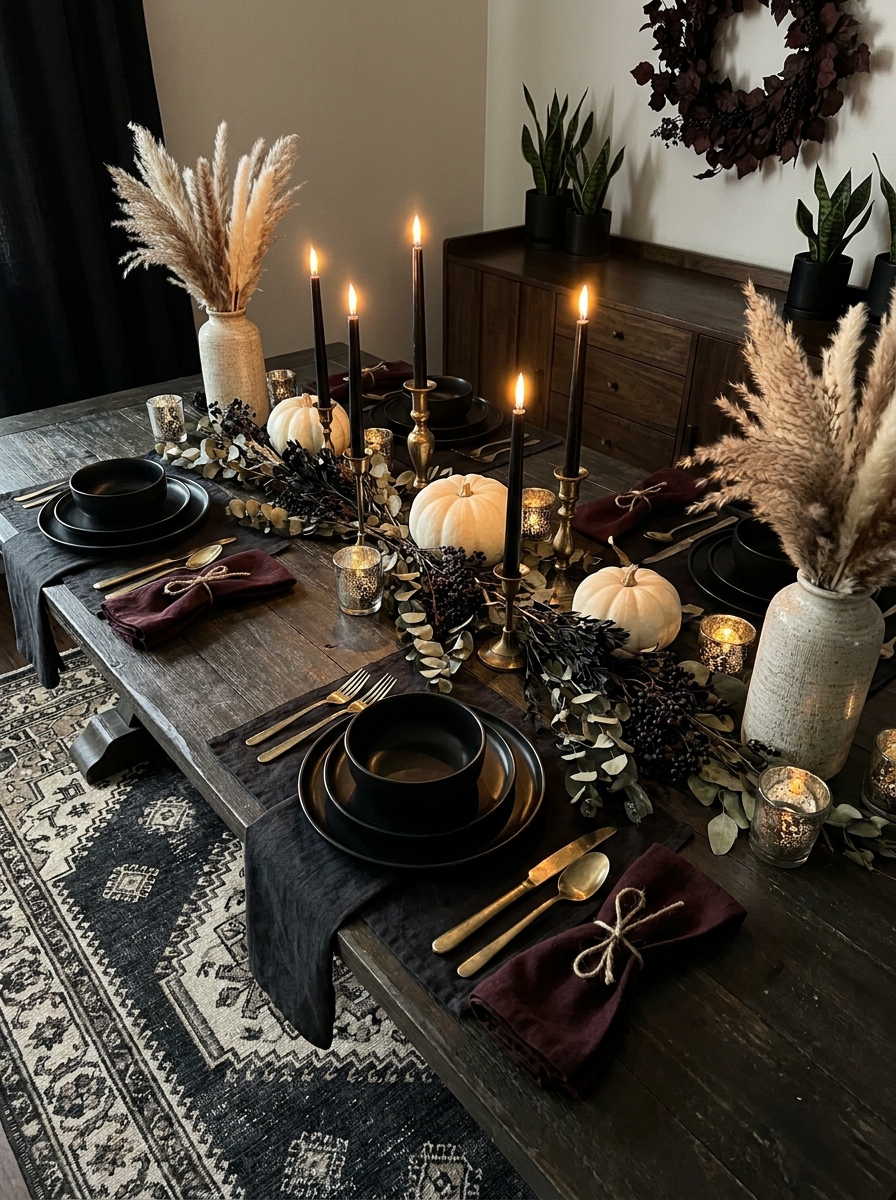 Matte Black Dinnerware on a Moody Table Setting