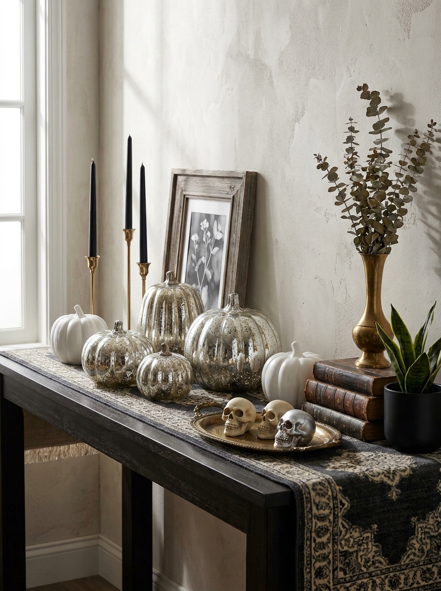 Mercury Glass Pumpkins on a Styled Console Table