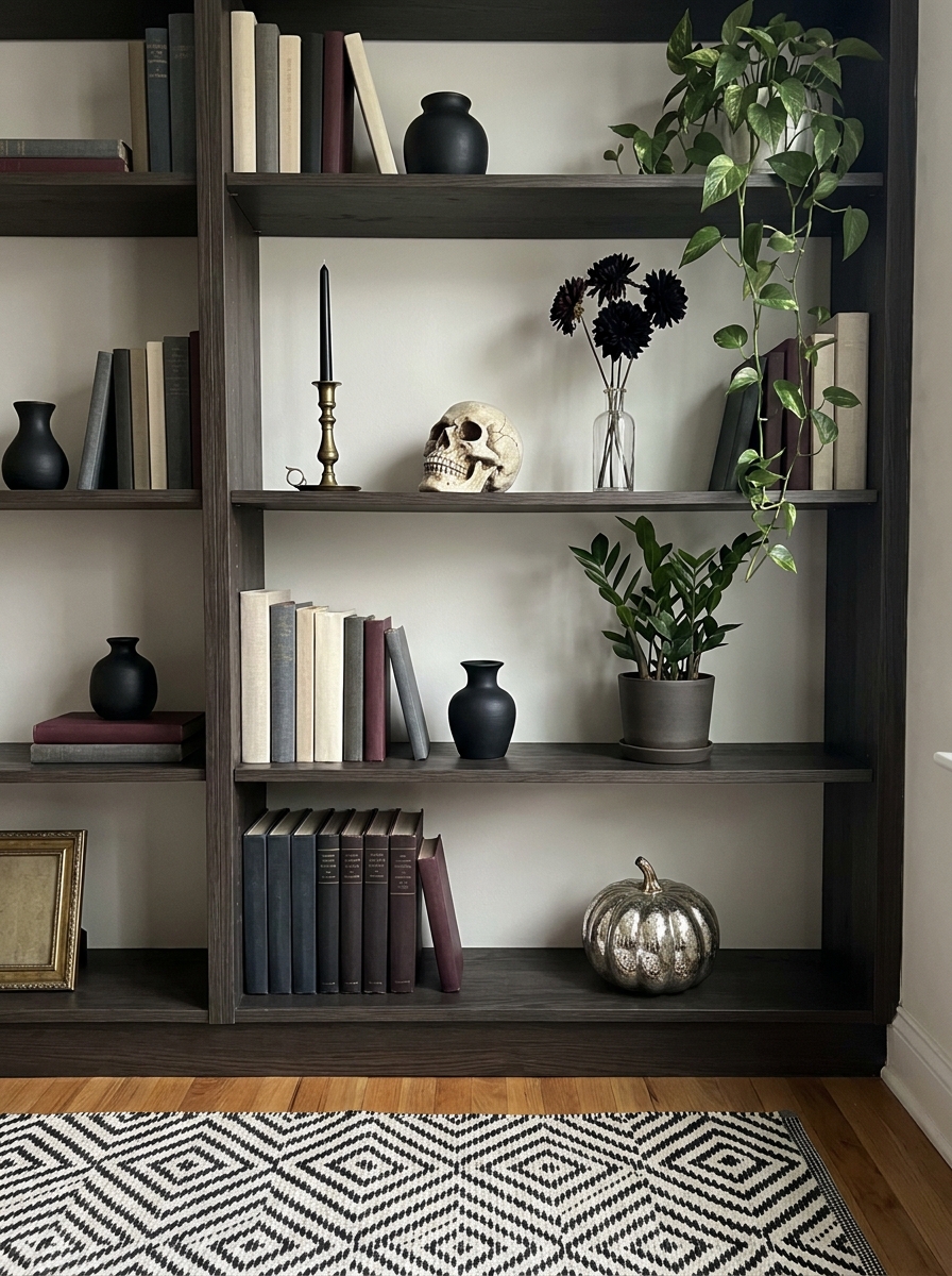 Styled Bookshelf with Dark Seasonal Accents