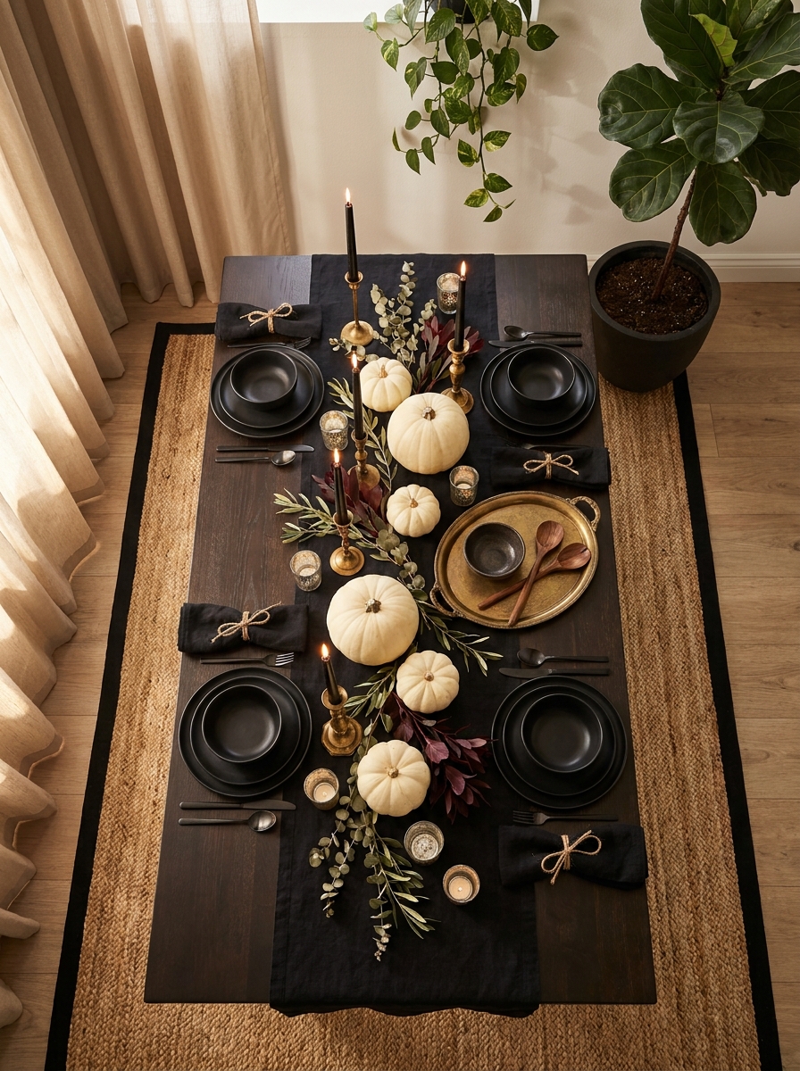 Moody Tablescape with Black Linen and Natural Elements