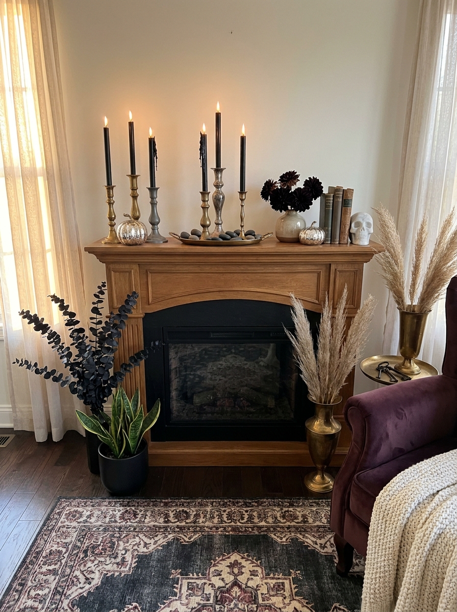 Vintage Candlesticks with Dark Tapered Candles in Odd Numbers
