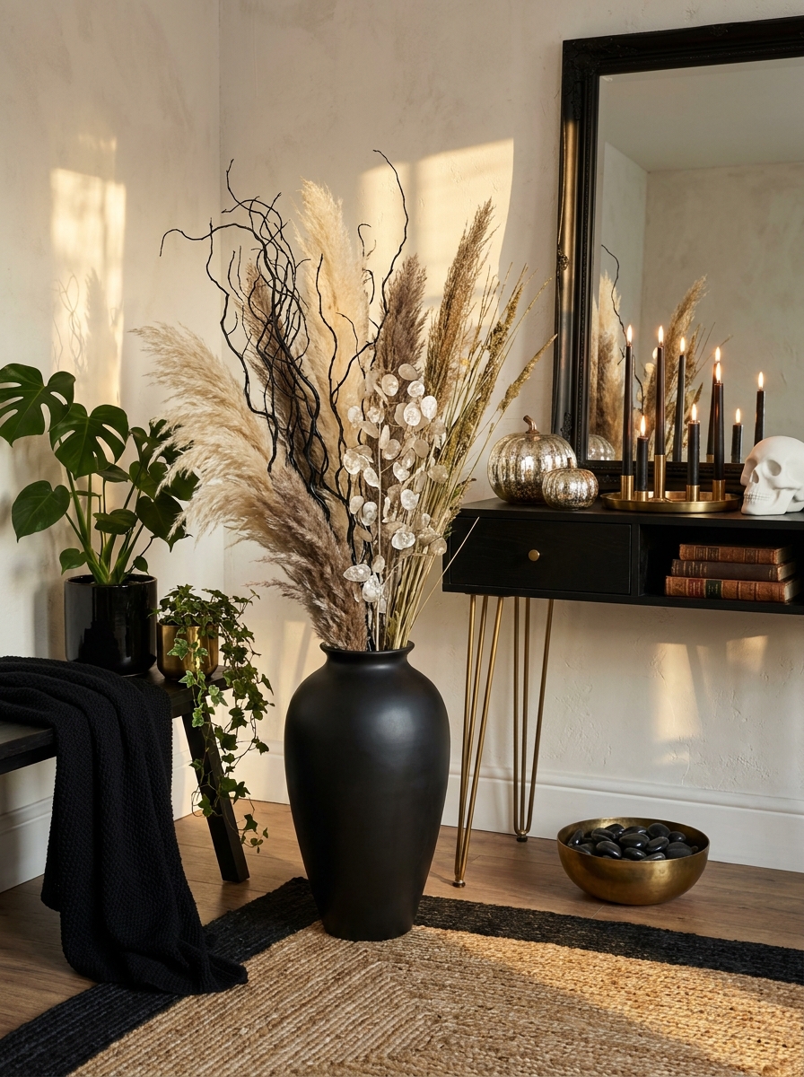 Statement Black Vases with Oversized Dried Arrangements