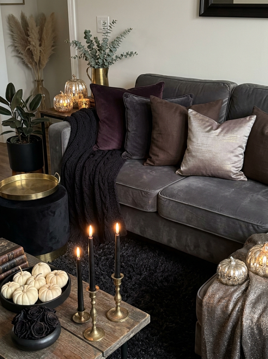 Layered Textiles in Dark Neutrals with Subtle Sheen