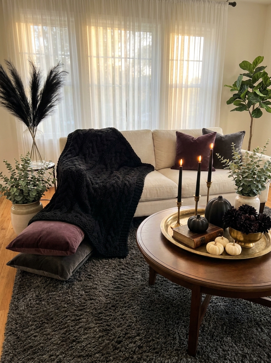 Textured Black Throw Blankets Layered on Neutral Furniture