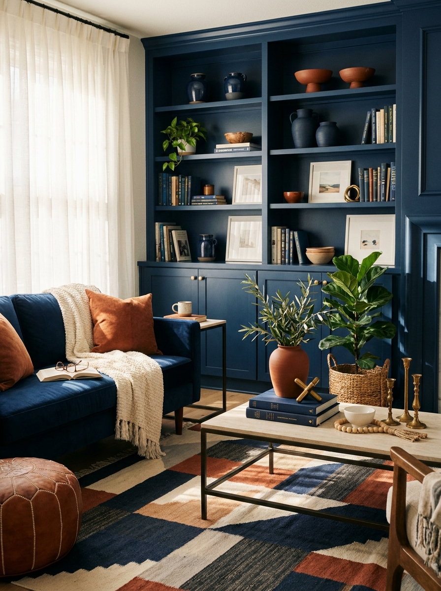 Navy and Rust with Warm White: Classic with Edge