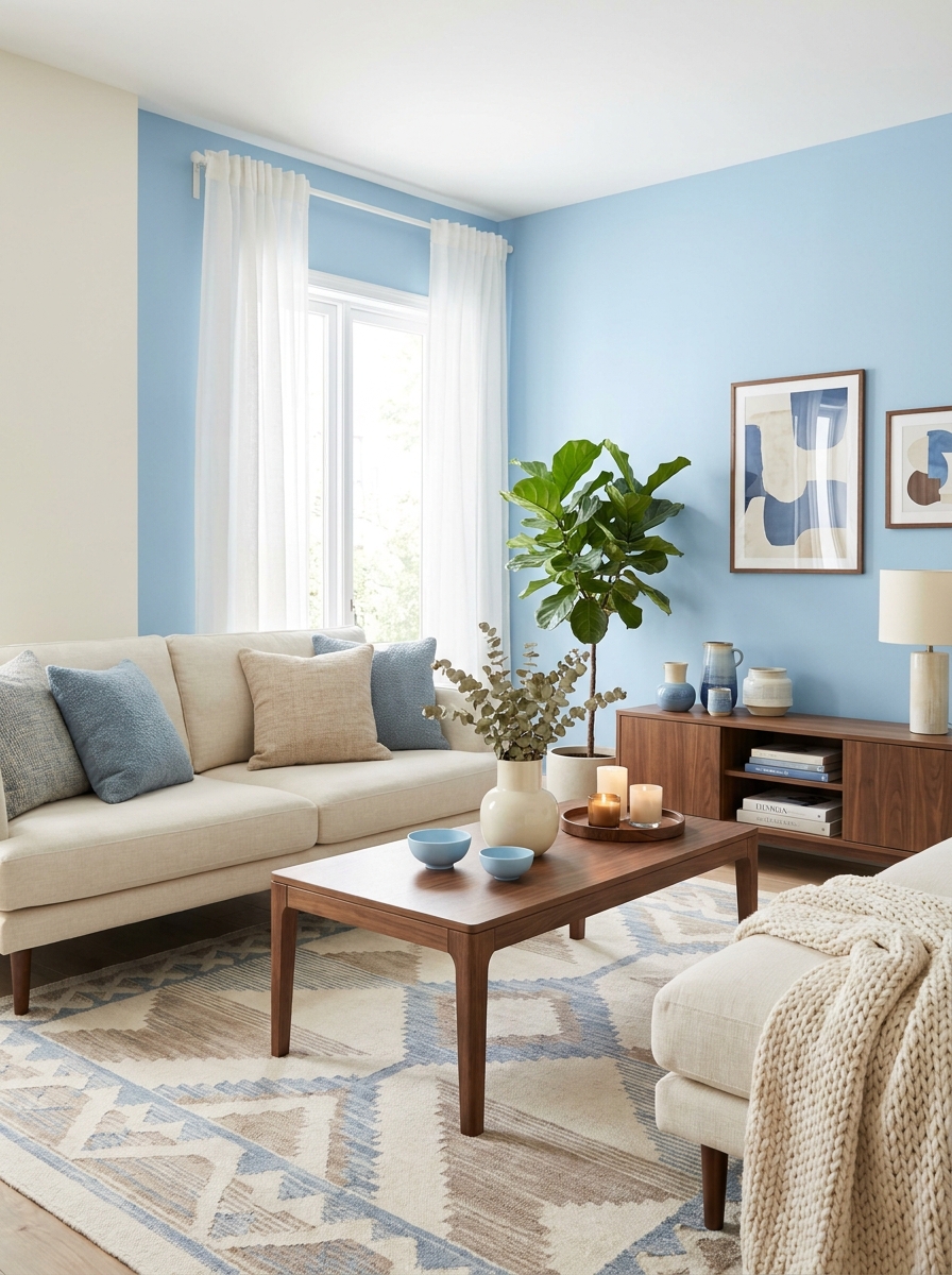 Sky Blue with Warm Walnut and Cream: Scandinavian Serenity