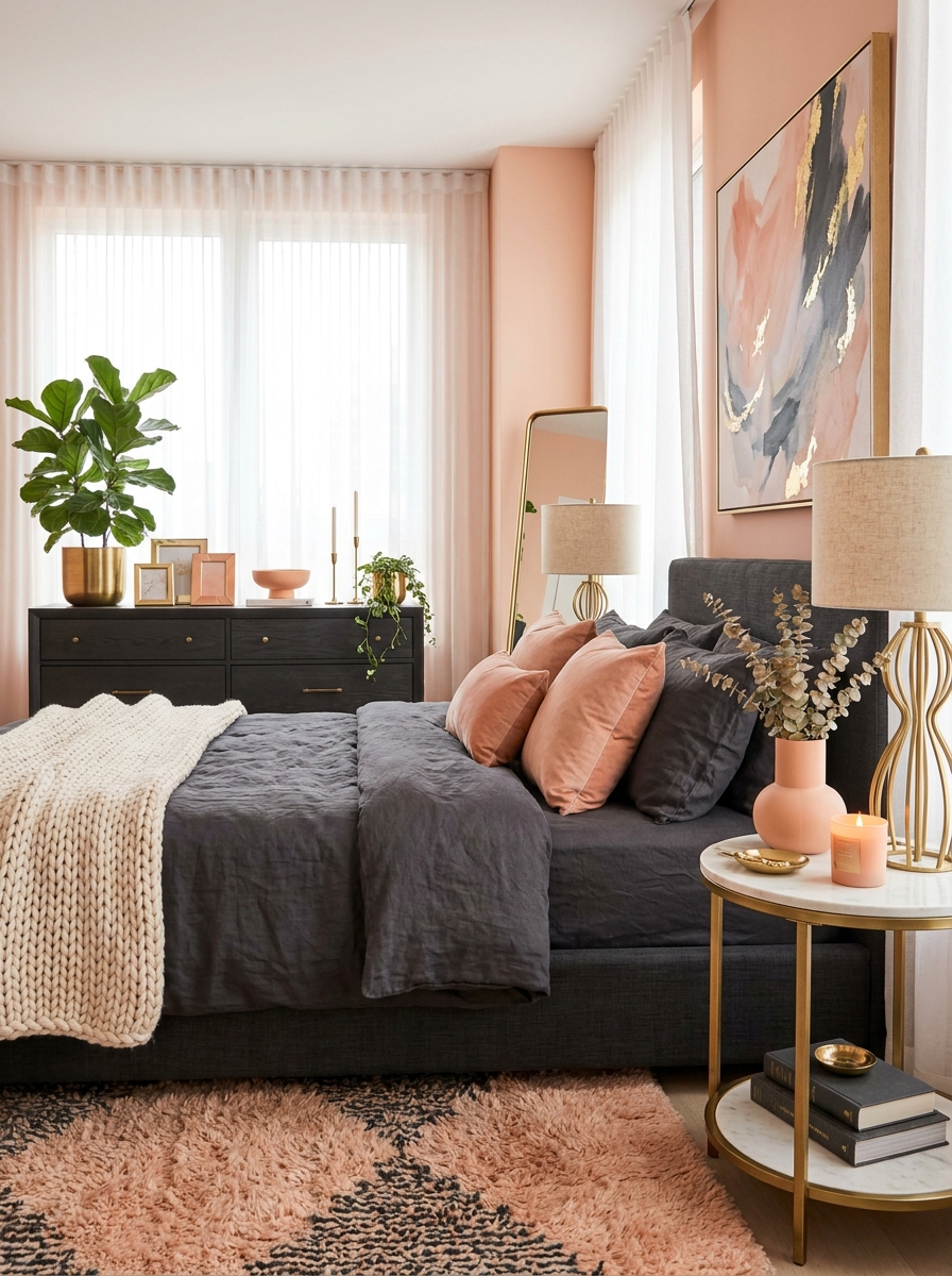 Peachy Pink with Charcoal and Warm Brass: Grown-Up Glamour