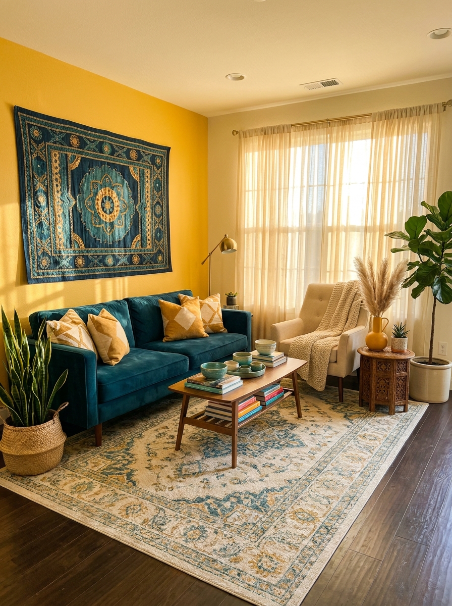 Saffron Yellow with Deep Teal and Warm Cream: Global Eclectic