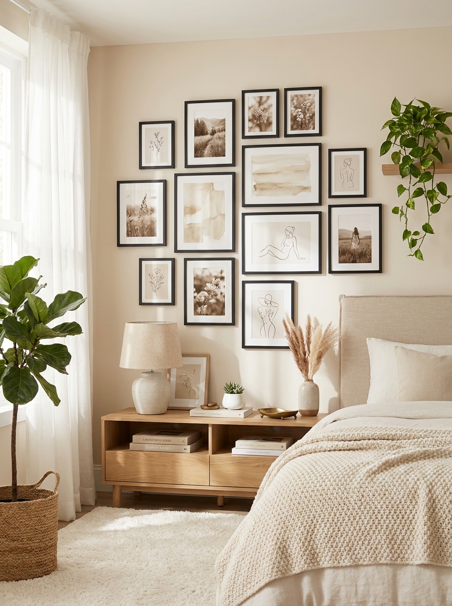 Monochromatic Gallery Wall for Calming Minimalism