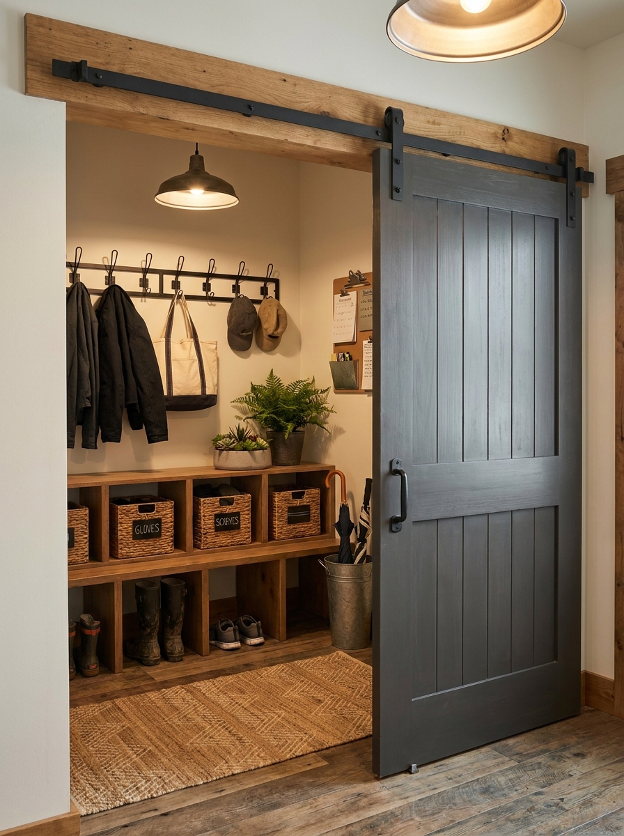 Sliding Barn Door Mudroom for Hidden Storage