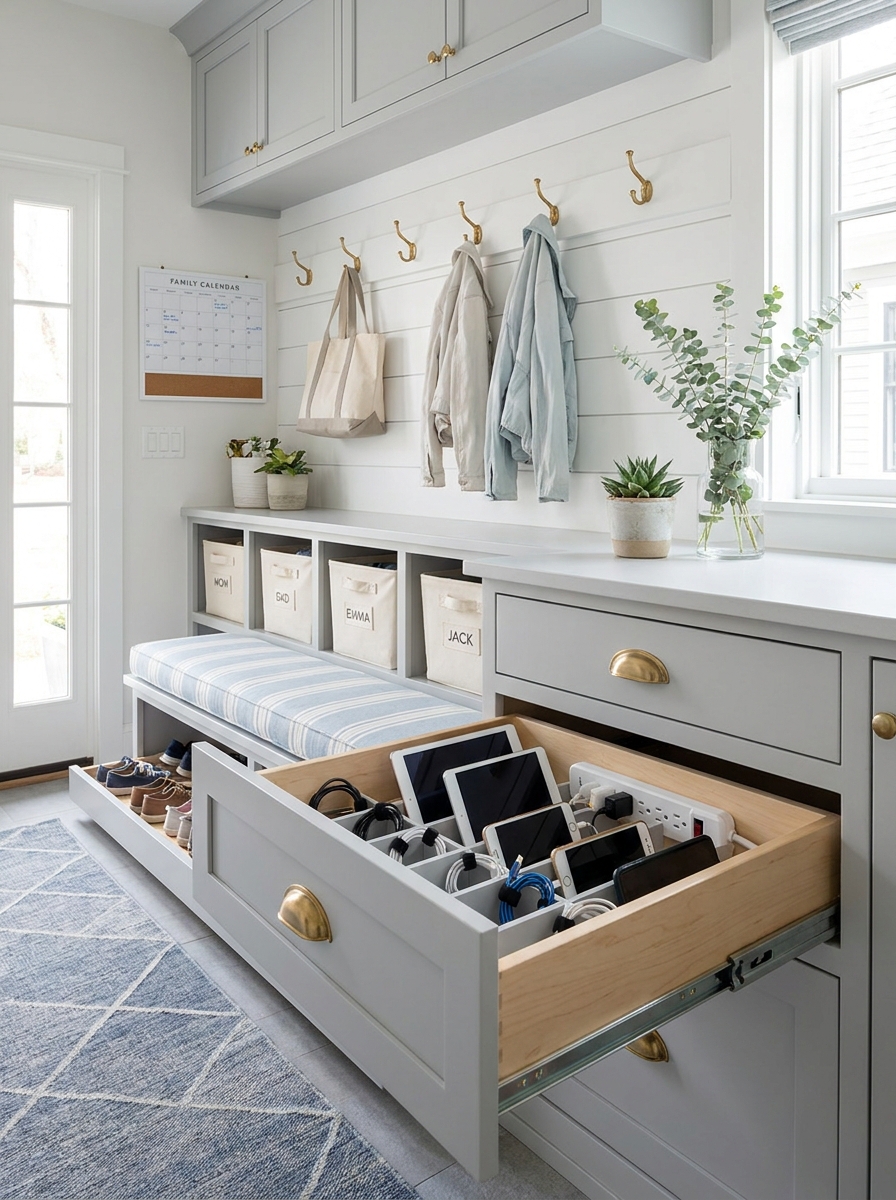 Mudroom Charging Station with Device Docking Drawer