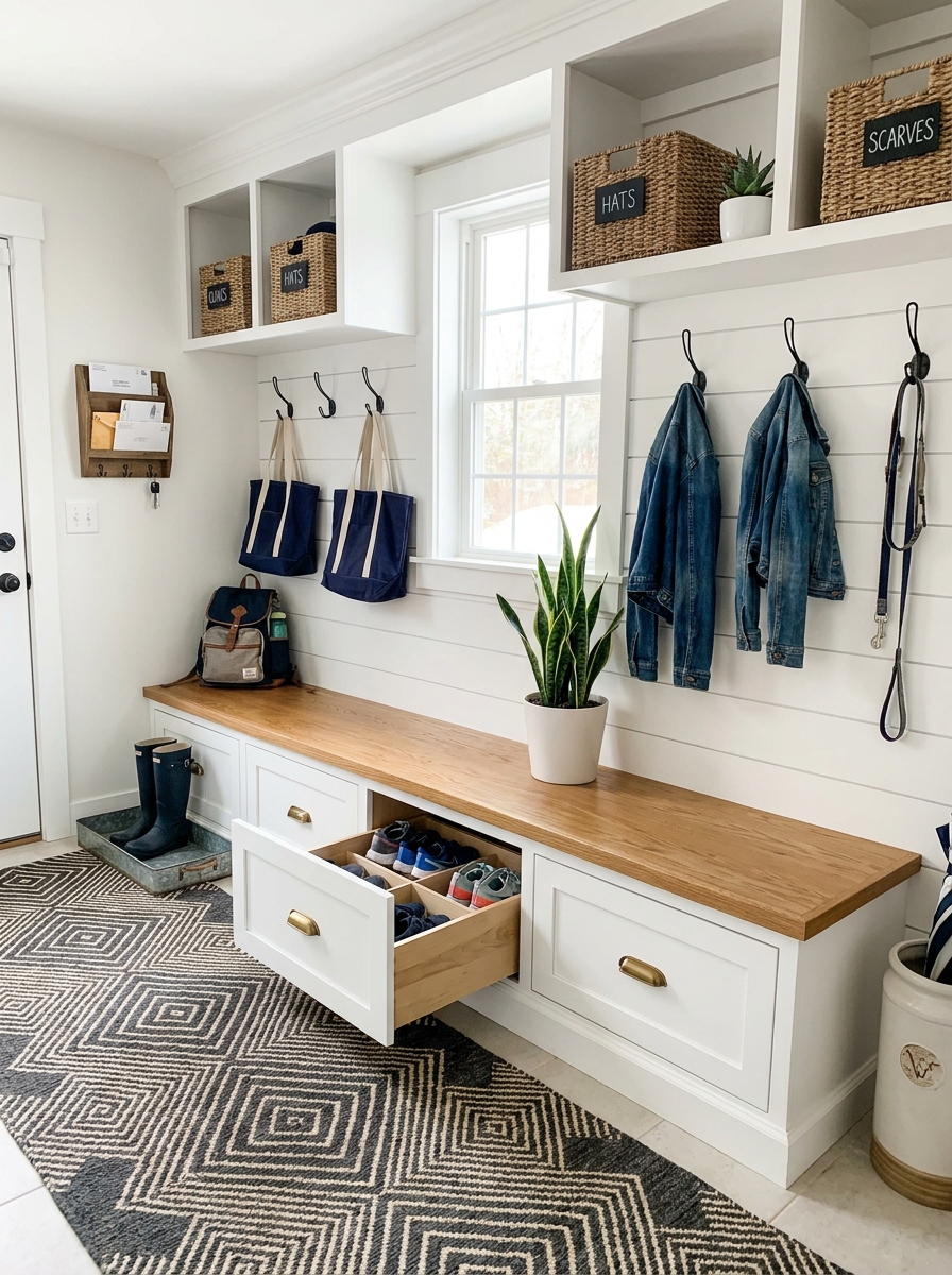 Mudroom with Under-Bench Pullout Drawer Storage