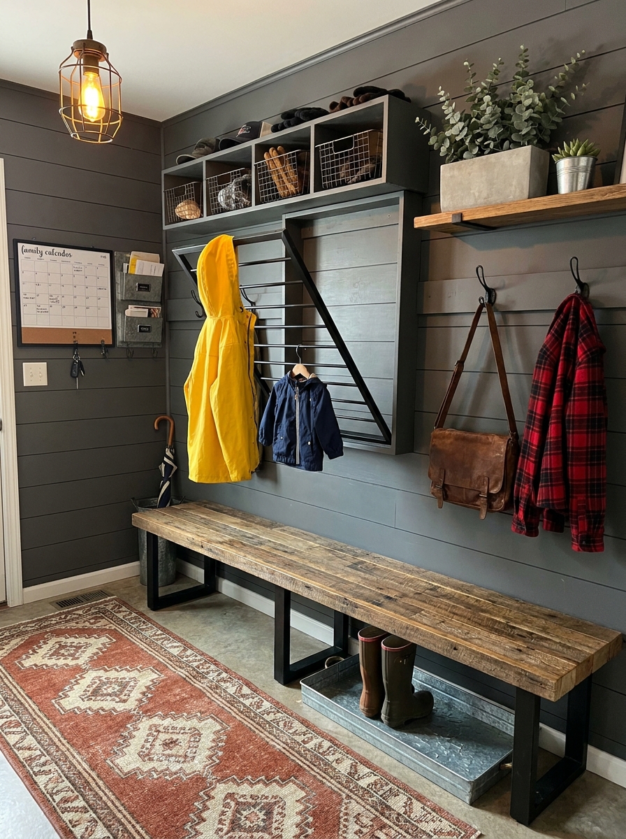 Mudroom with Fold-Down Drying Rack for Wet Gear
