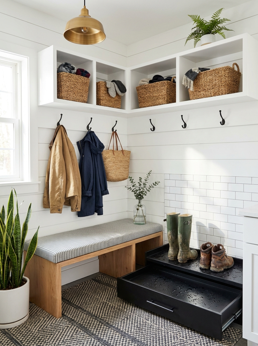 Mudroom Bench with Boot Tray & Drip Drawer