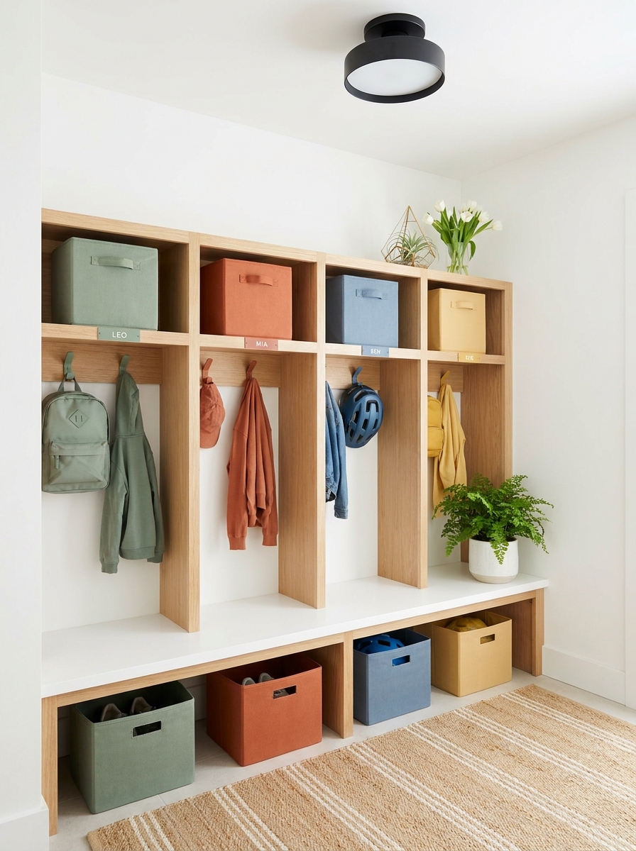Mudroom with Color-Coded Family Organization System