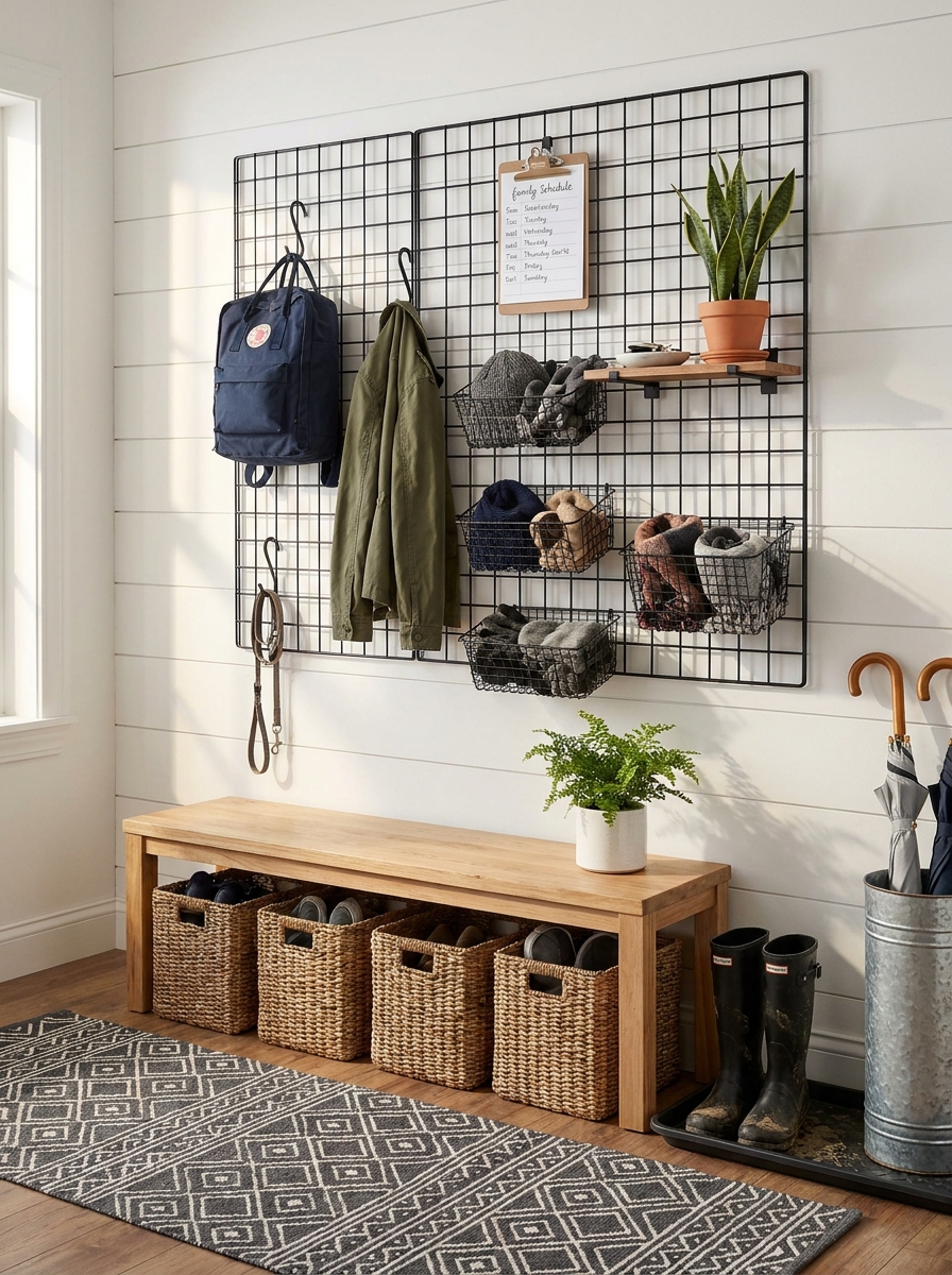 Mudroom Wall Grid with Clip-On Accessories