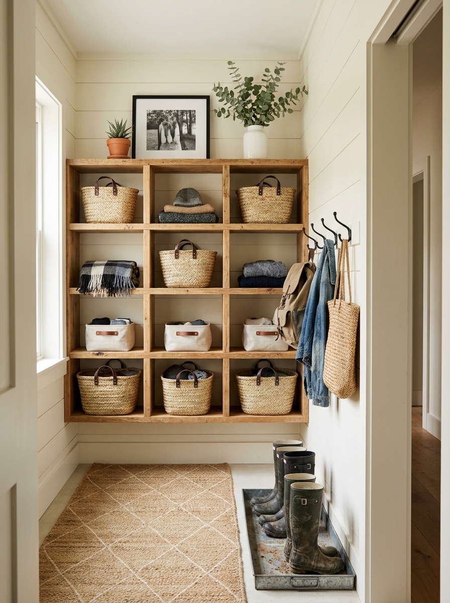 Open Shelving with Woven Basket Storage