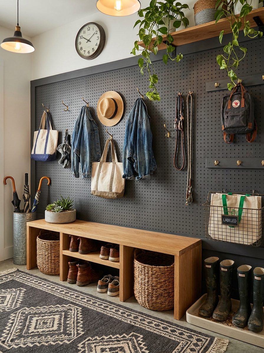 Pegboard Wall with Adjustable Hook System