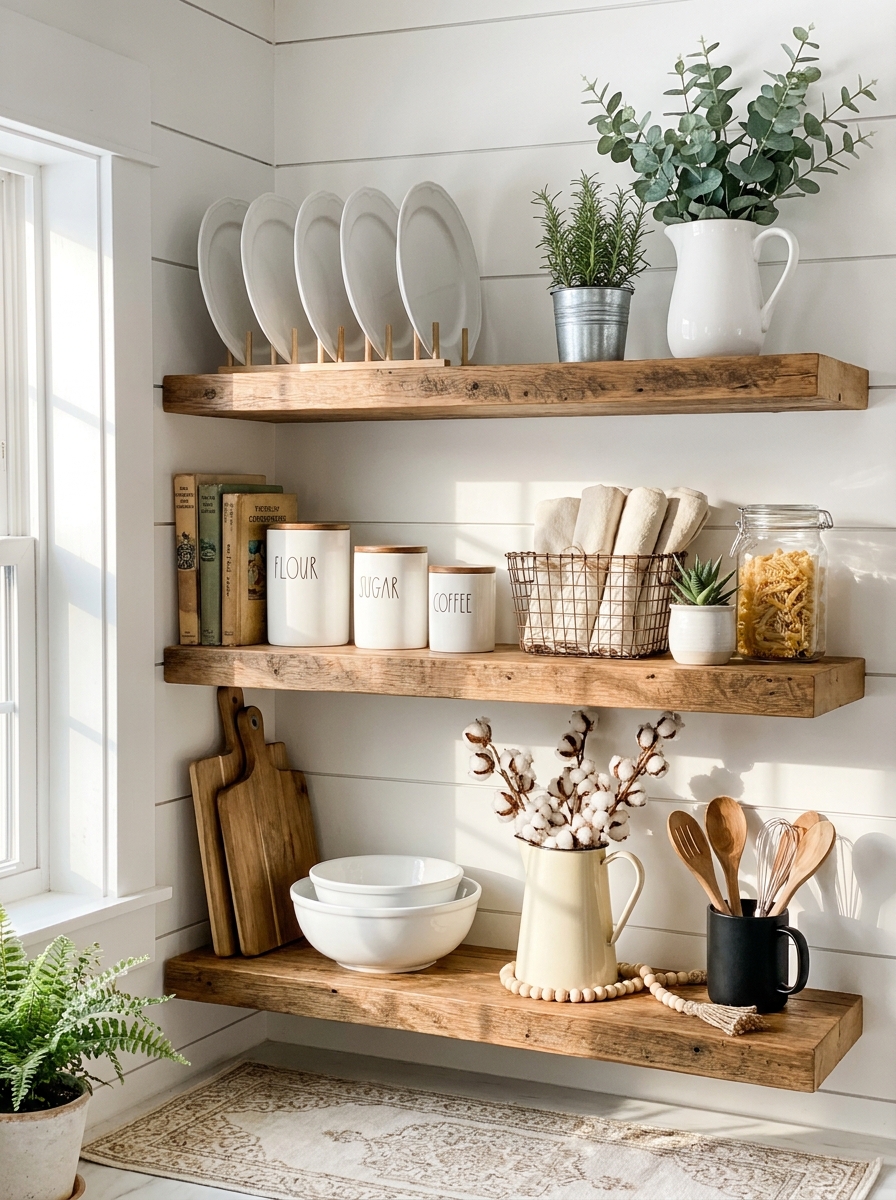 The Art of the Farmhouse Vignette on Open Shelving
