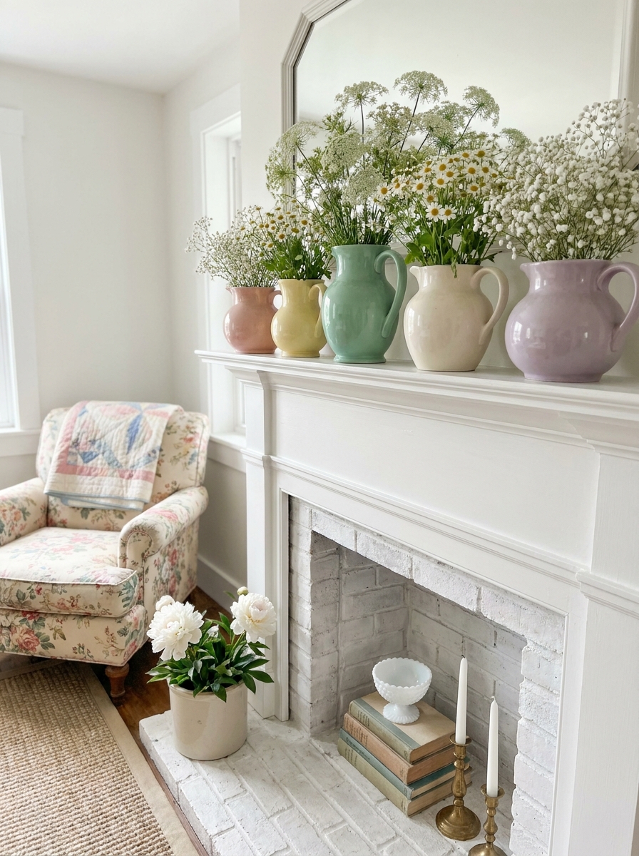 Pastel Ceramic Pitchers with Wildflower Meadow Stems