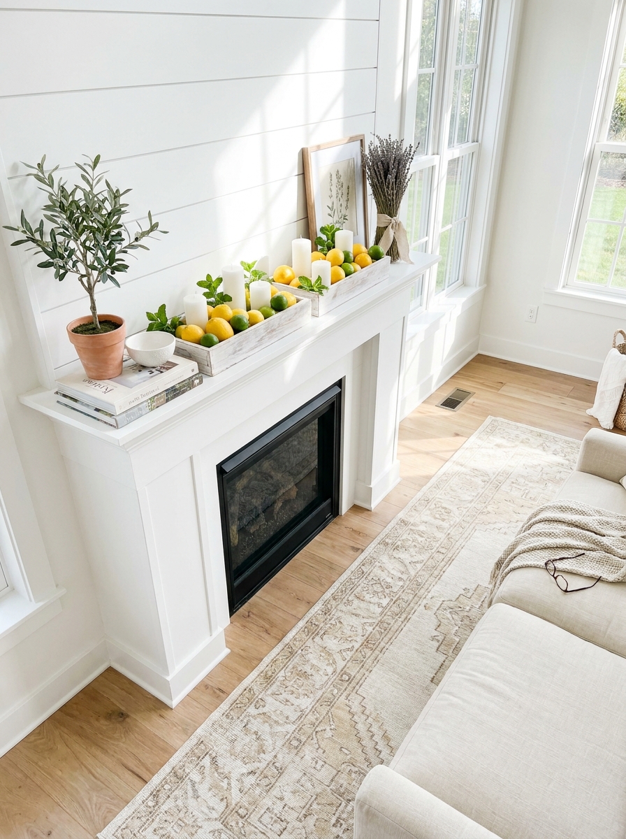 Whitewashed Wooden Trays with Citrus and Candle Clusters