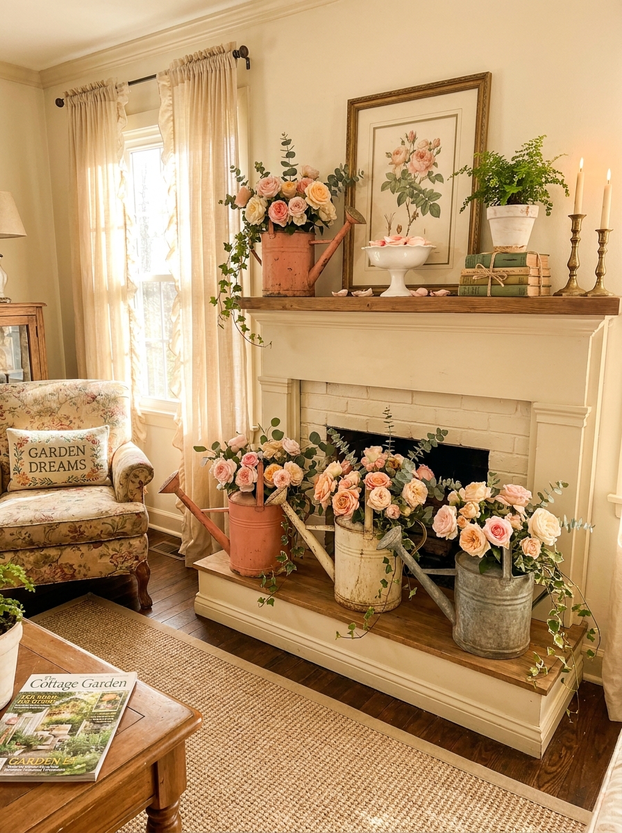 Vintage Watering Cans with Cascading Garden Roses