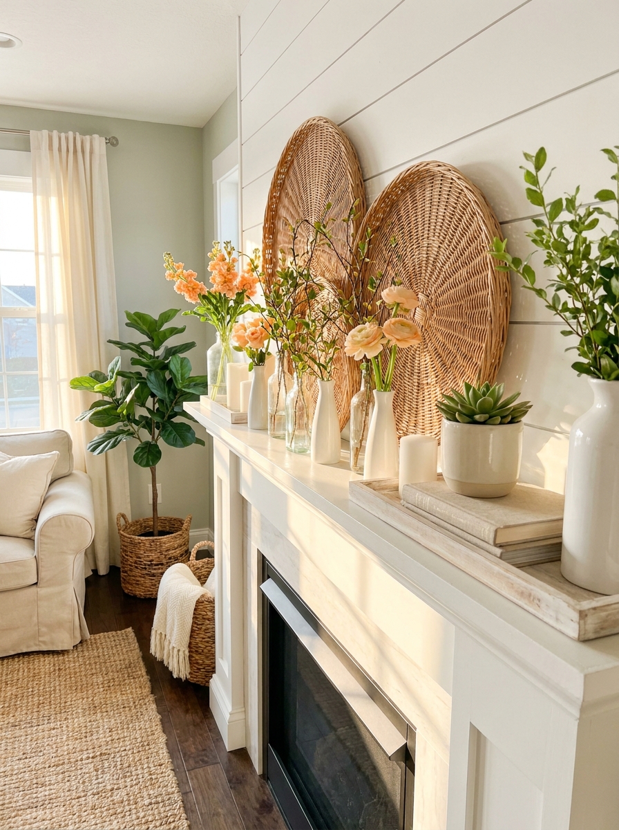 Rattan Chargers Displayed with Fresh Peach Stems