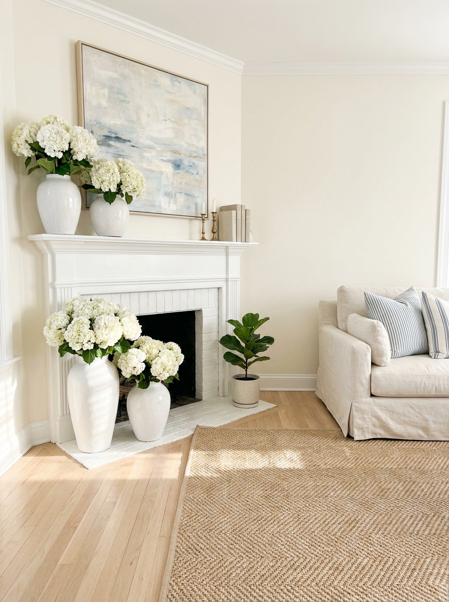 Fresh White Hydrangeas in Oversized Vases