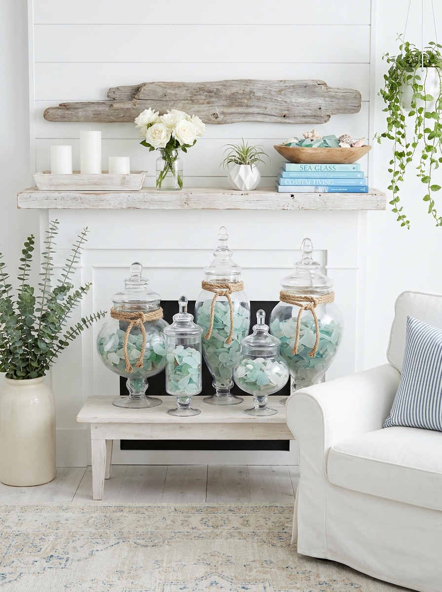 Collected Sea Glass in Apothecary Jars with Rope Accents