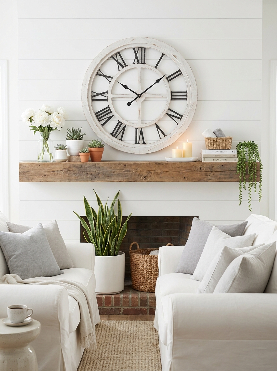 Oversized Farmhouse Clock with Potted Succulent Garden
