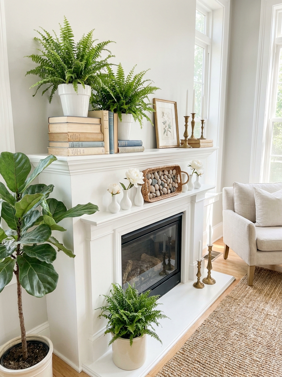 Stacked Vintage Books with Potted Ferns