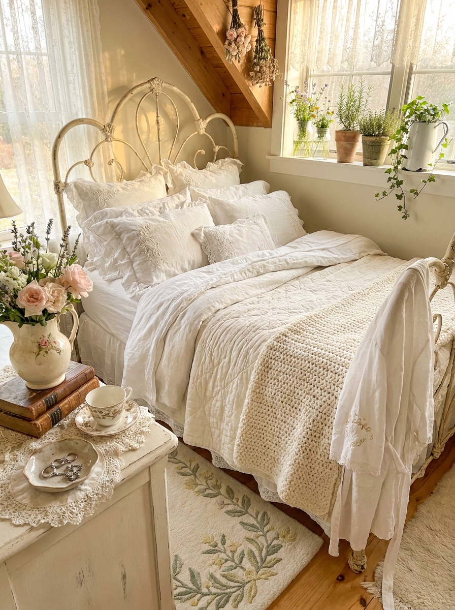 Wrought Iron Bed Frame Dressed in Layers of White Linens