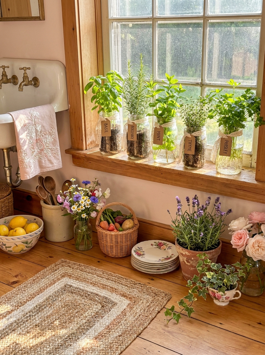 Mason Jar Herb Garden on a Sunny Windowsill