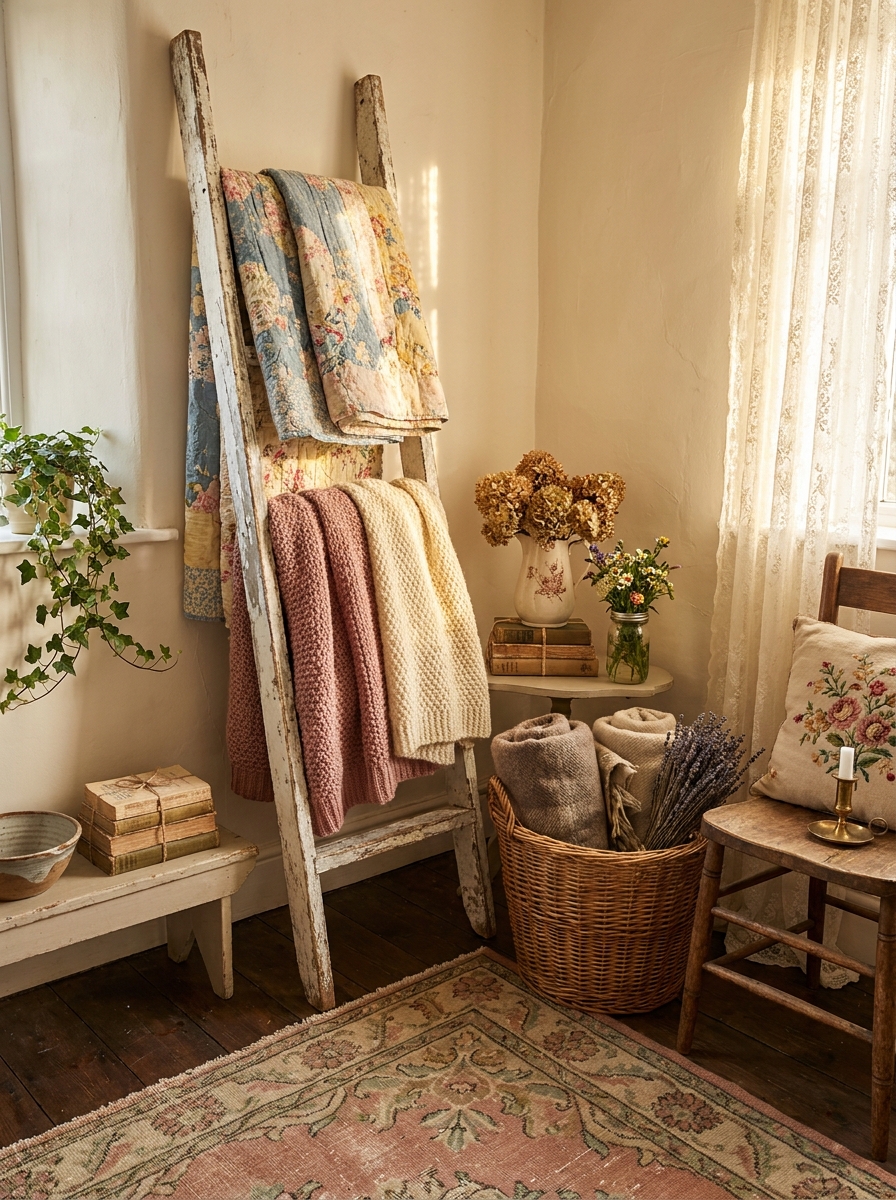 Distressed Wooden Ladder as a Blanket Display