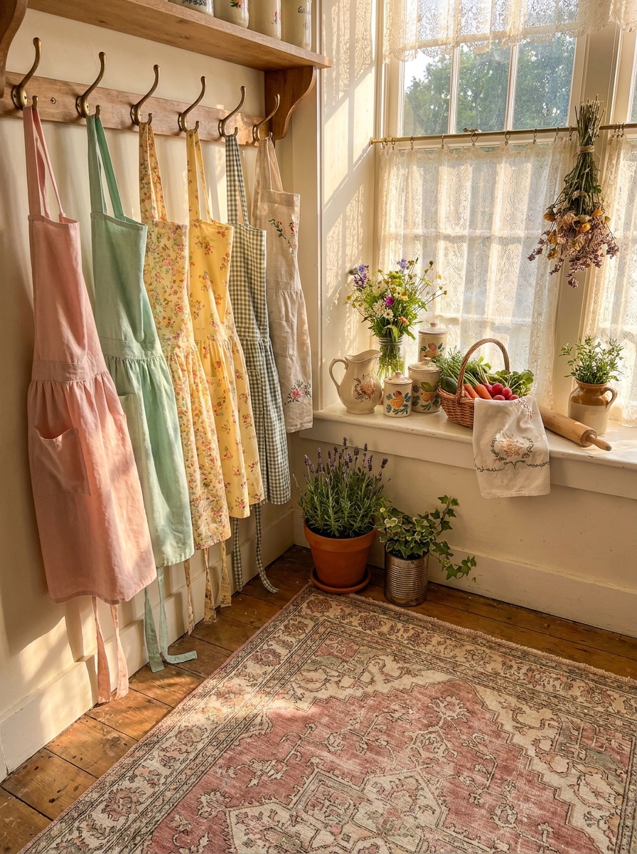 Vintage Aprons Hung on Brass Hooks as Kitchen Décor
