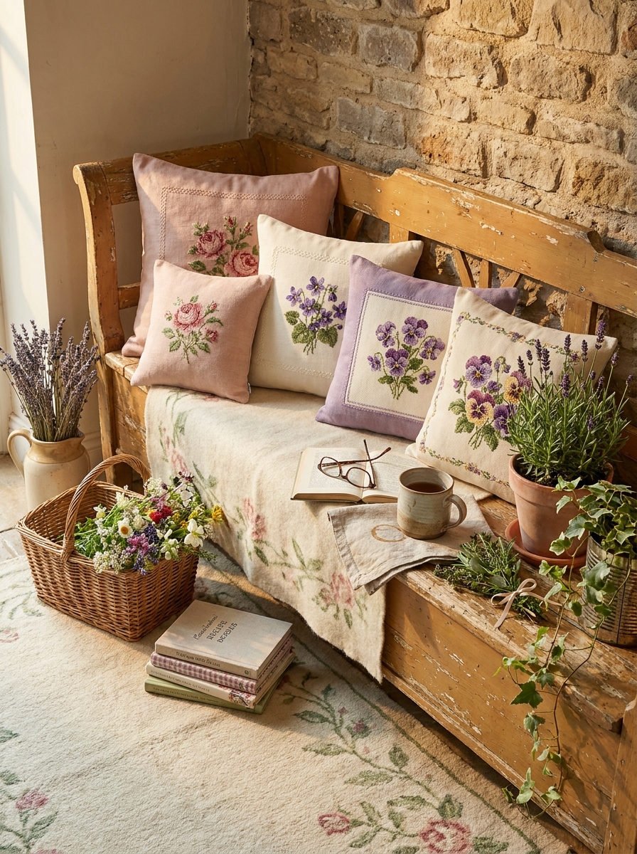 Floral Cross-Stitch Pillows on a Weathered Wooden Bench