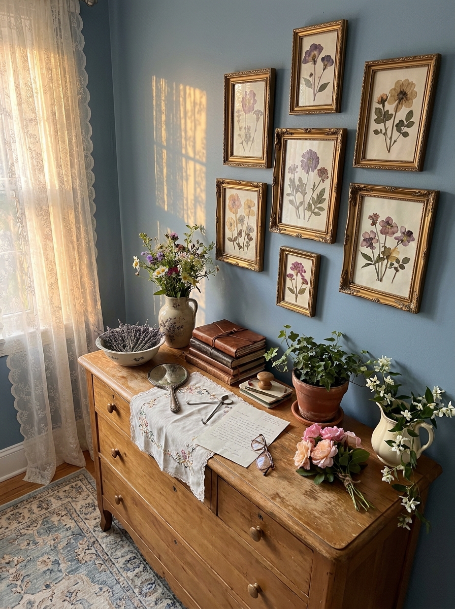 Pressed Flower Art in Vintage Gold Frames