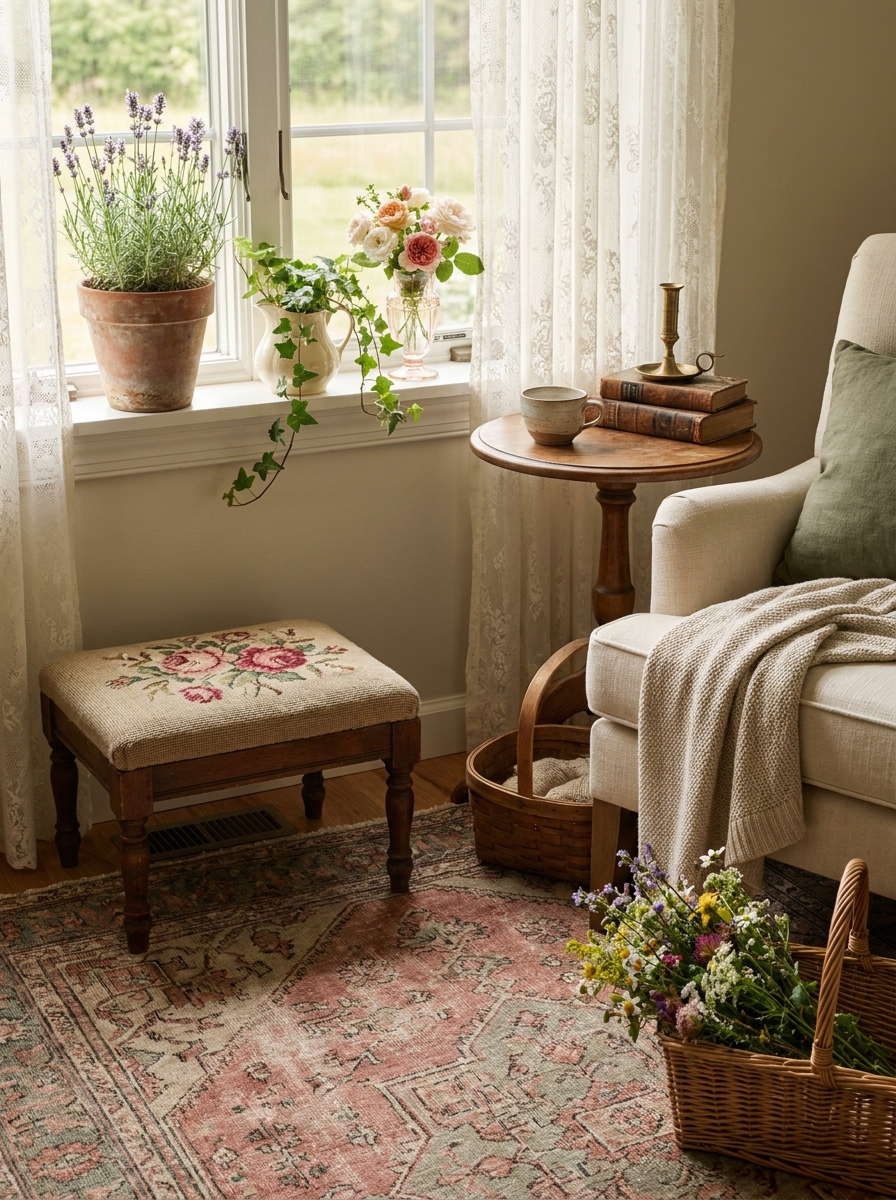 Antique Needlepoint Footstool for Added Cottage Charm