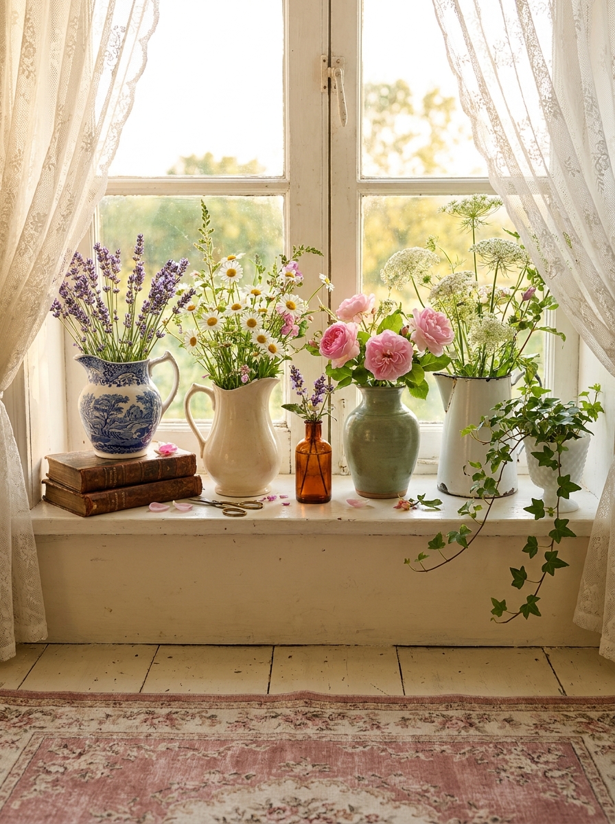 Fresh Wildflower Bouquets in Mismatched Vintage Vases