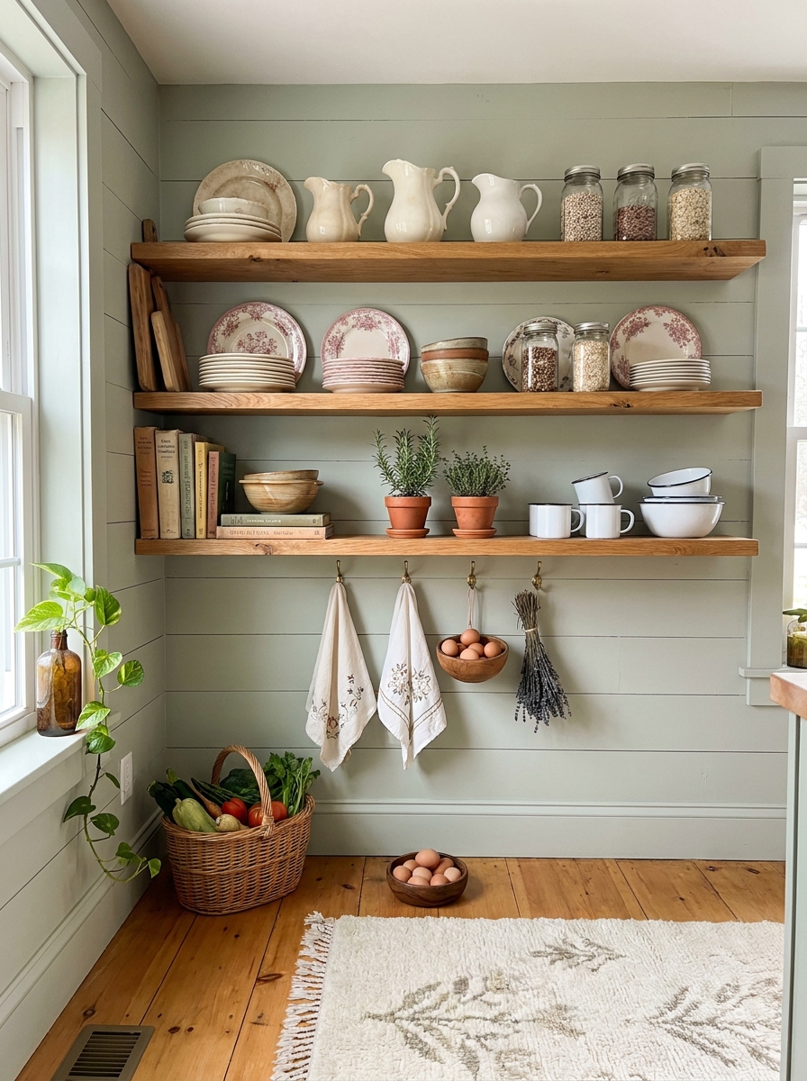 Open Wooden Shelving with Curated Dishware